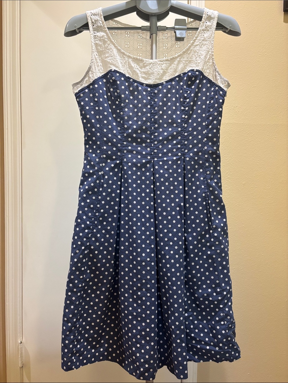 Nine West Navy Polka Dot Midi Dress with White Lace Yoke